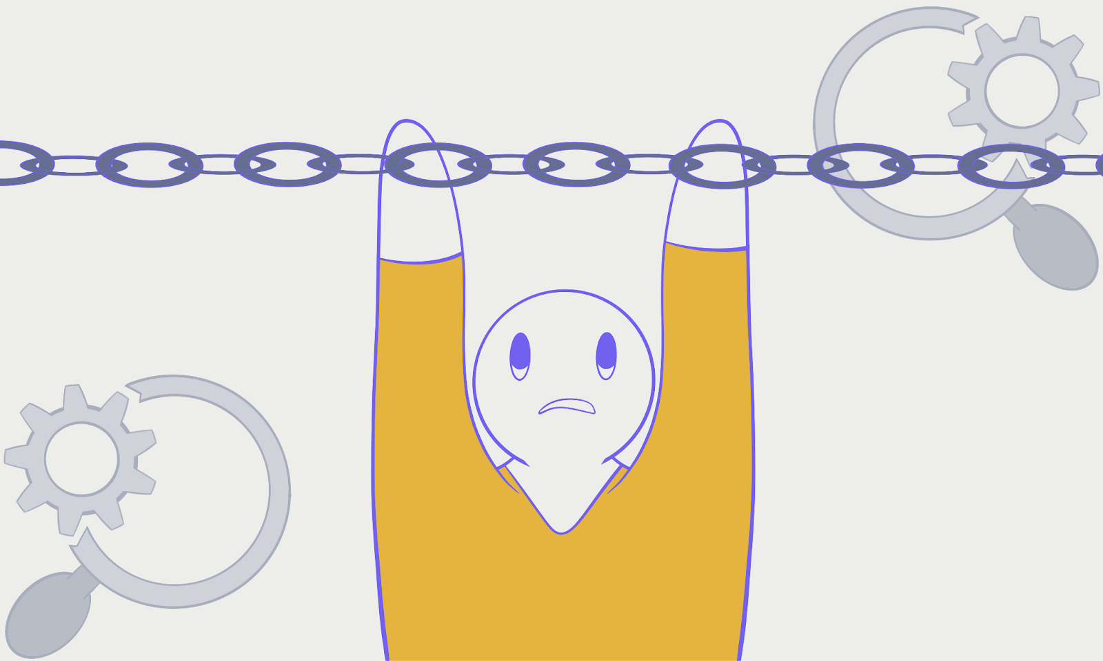 Alt; A cartoon character hanging from a chainlink