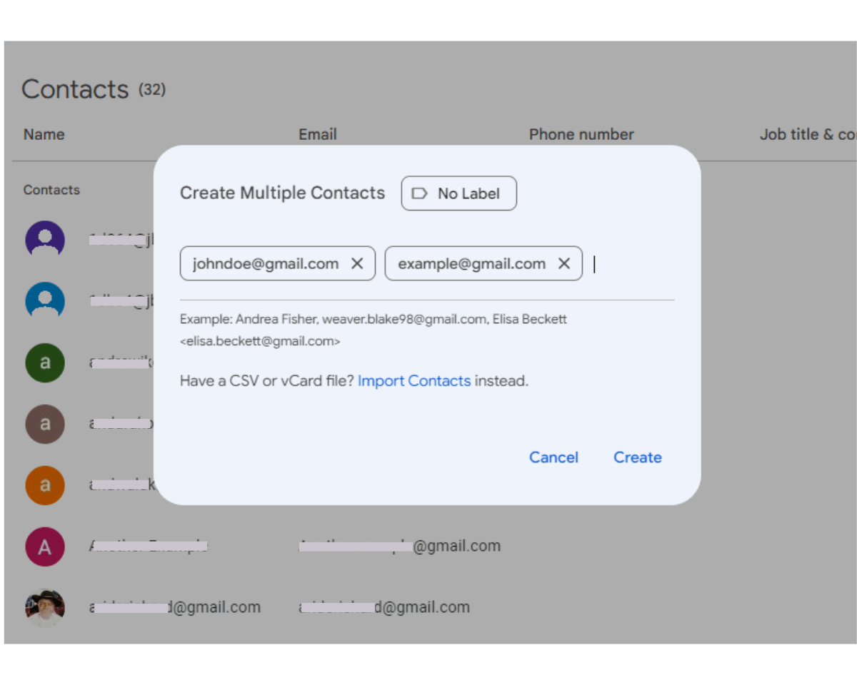 How to add contacts to Gmail: Enter all the contacts you want to add and click Create