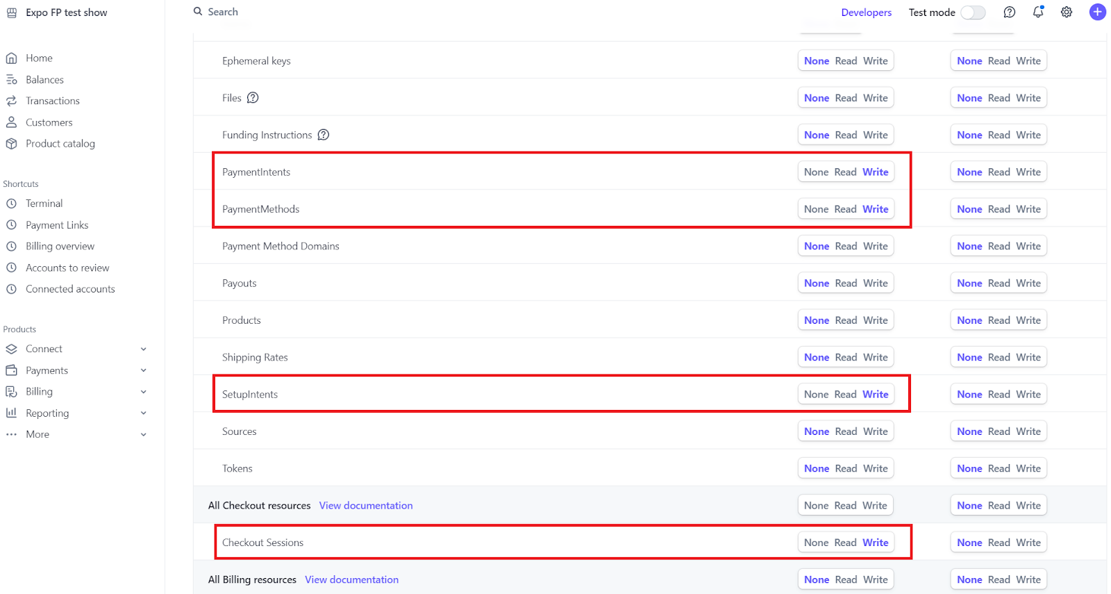 API keys Stripe page, with write permissions in boxes