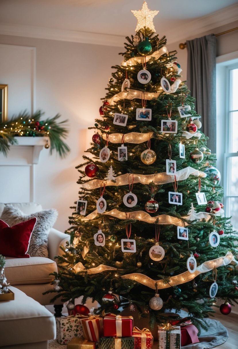 A cozy living room with a decorated Christmas tree adorned with 24 personalized photo ornaments, twinkling lights, and festive decor