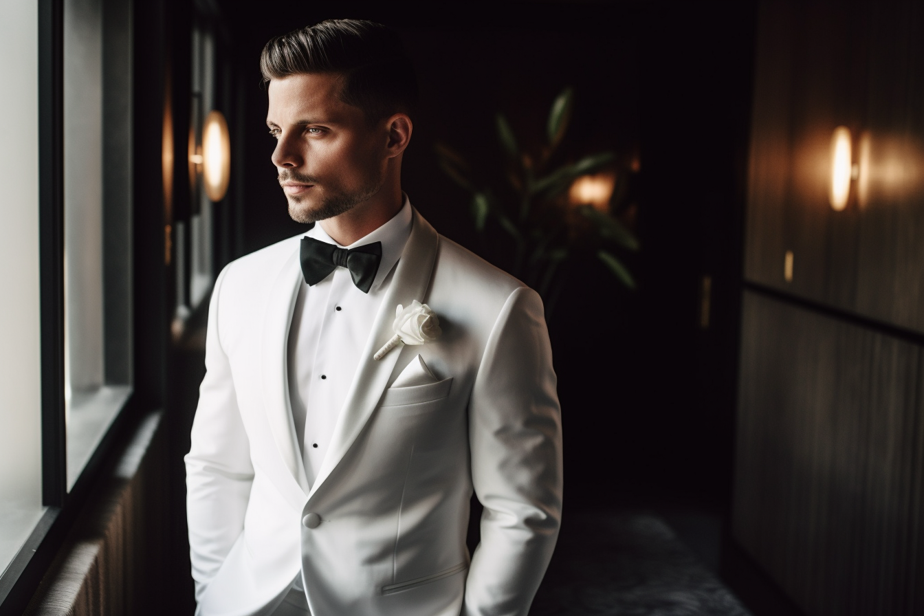 
A groom in a sleek white tuxedo with a shawl collar, standing confidently in a sophisticated wedding setting. The smooth, rounded collar adds a touch of elegance, enhancing the refined look of the tuxedo. The groom’s polished black shoes complement the crisp white suit, creating a timeless, classic appearance. The elegant venue with soft lighting and luxurious décor highlights the groom’s sharp yet smooth style