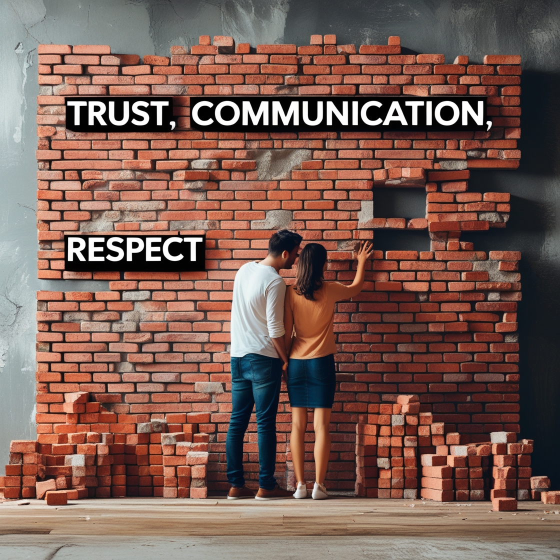 A brick wall labeled “Trust, Communication, Respect” being built by a couple together, symbolizing a real relationship foundation.