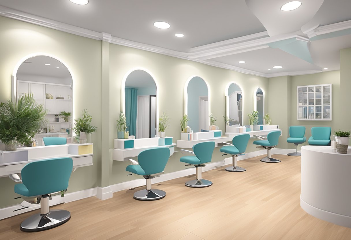 A modern lash studio in Hackensack, with clean, organized workstations and a comfortable waiting area. Bright lighting and a calming color scheme create a welcoming atmosphere