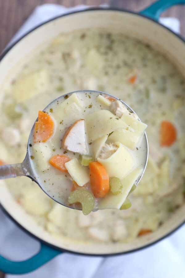 Ladle of creamy chicken noodle soup