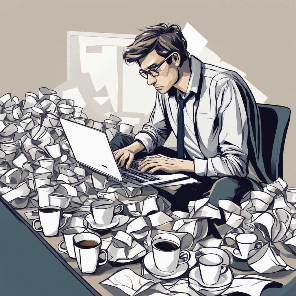 A person sitting at a computer, surrounded by empty coffee cups and crumpled papers, with a look of frustration and desperation on their face