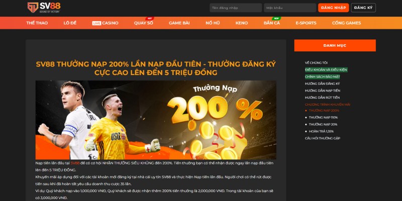 Khuyến mãi SV88 thưởng nạp 200% lên tới 5,000,000 VND