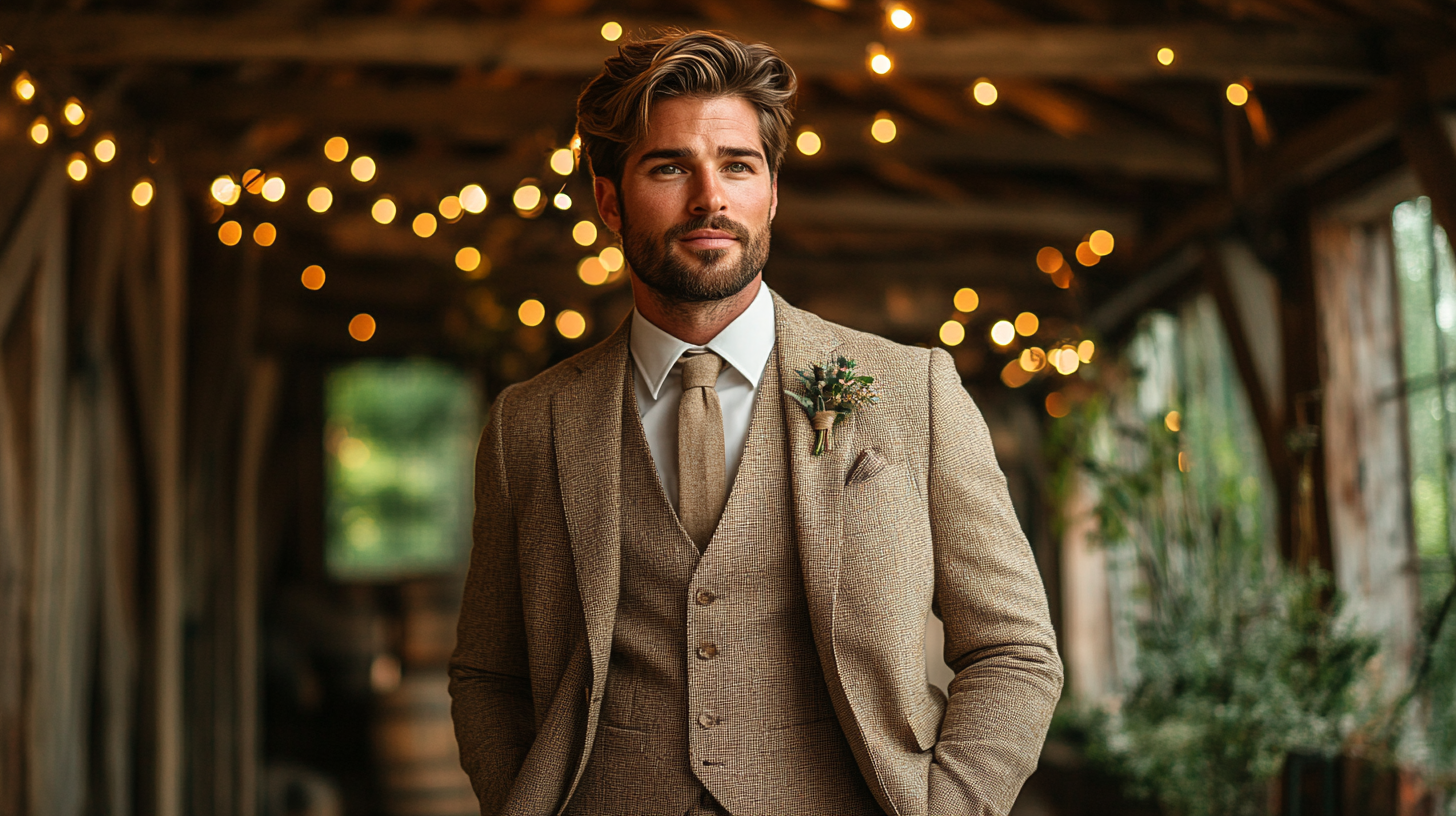 Full-body shot of a man in a warm tan suit, standing in a rustic barn wedding venue. The barn features wooden beams, cozy fairy lights hanging from the ceiling, and a relaxed, rustic ambiance. The man looks stylish yet suited to the outdoors, blending well with the natural surroundings.