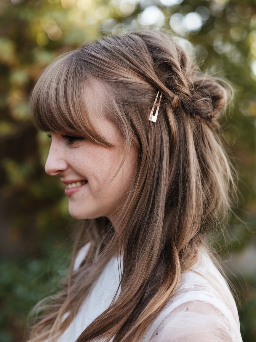 61. Whimsical Full Fringe Half-Updo