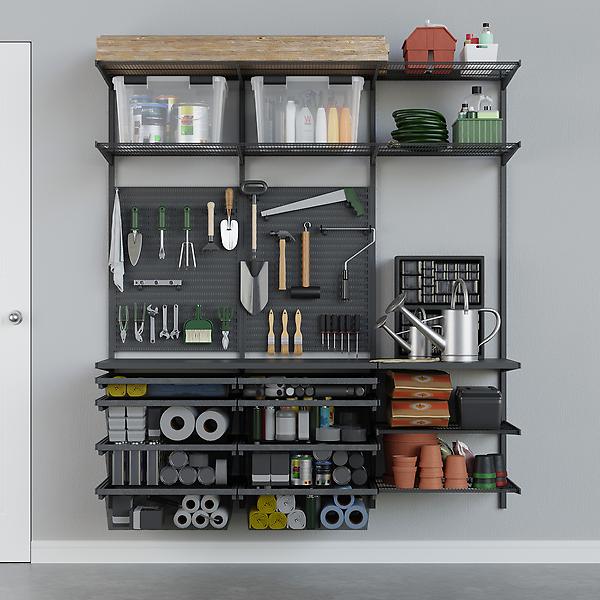 garage organization shelves and pegboard