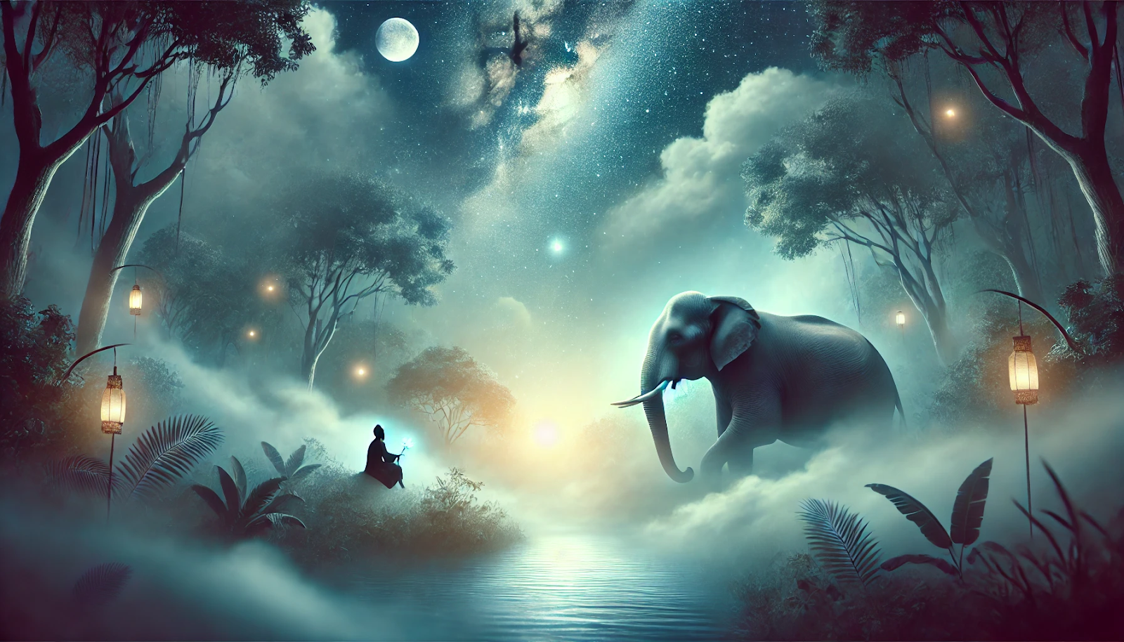 A serene and mystical dreamscape featuring a majestic elephant bathed in soft glowing light, standing amidst a tranquil jungle illuminated by stars and moonlight. 