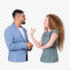 This  contain an  man and woman talking to each other while standing in front of a white background