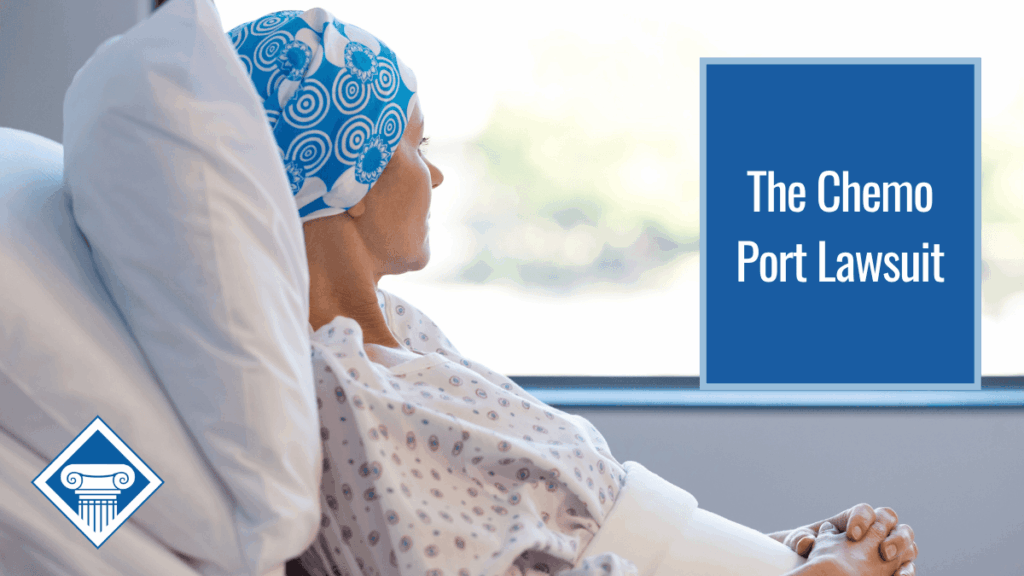 A woman looks out the window from a hospital bed. Article title to the left: chemo port lawsuit