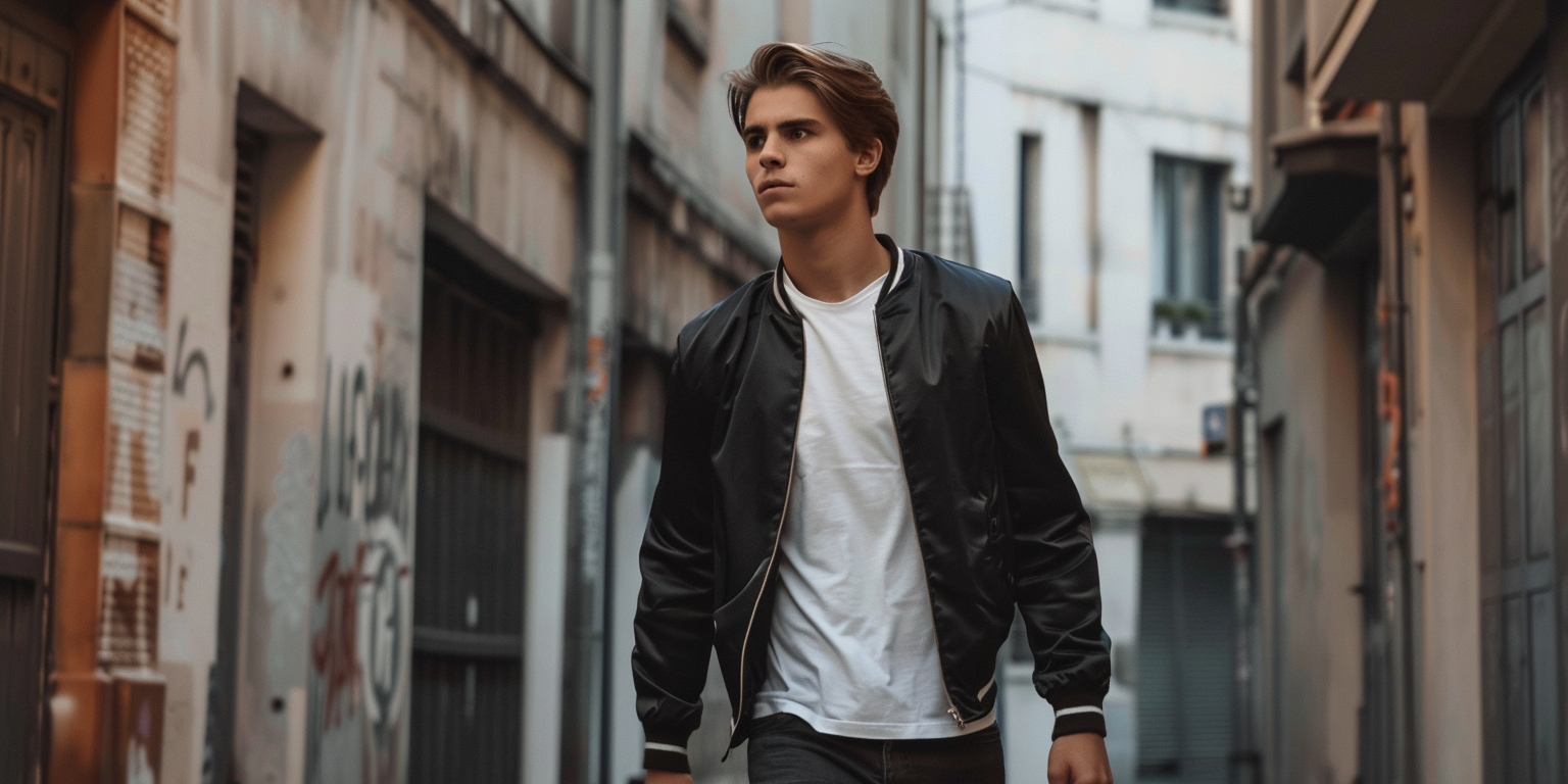 a young man in a black bomber jacket with ribbed cuffs, white T-shirt, dark slim jeans, walking through an urban alleyway, casual street style, gritty modern mood