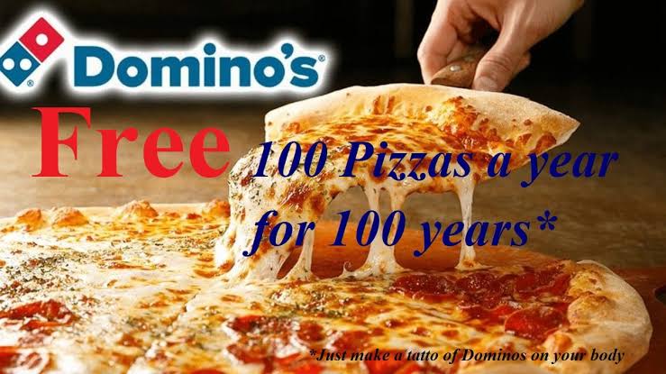 FREE 100 pizza, tattoo, ink body, pizza, dominos, marketing, campaign, promotion, Russia