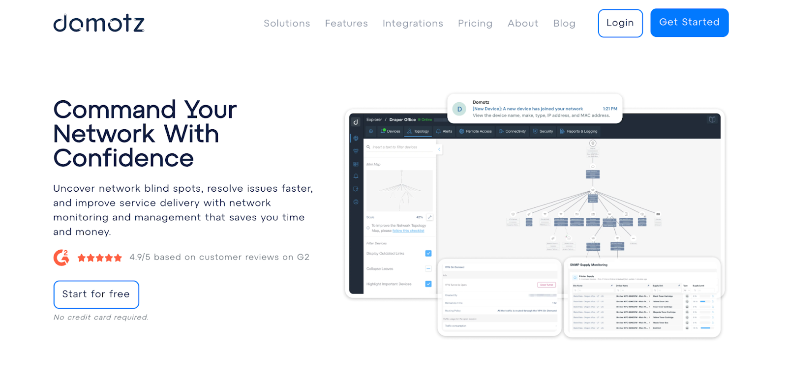 Domotz Homepage picture. It says, "Command Your Network With Confidence."