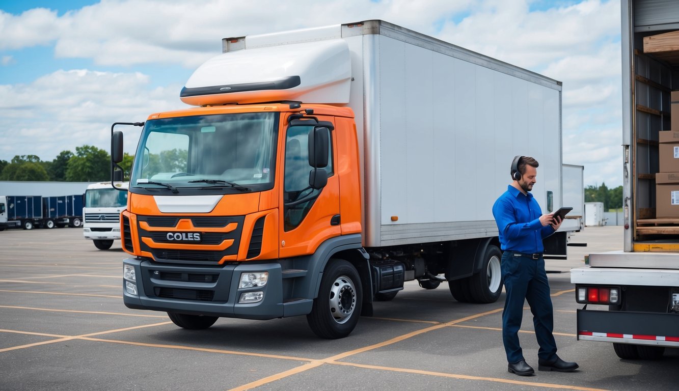 A delivery truck parked in a lot, with the driver checking paperwork and insurance documents on a tablet while talking to a representative on the phone