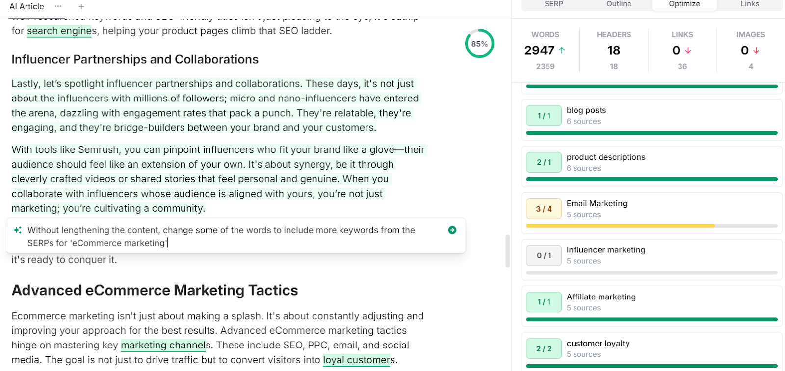 SEO prompt for the Frase in-line editor