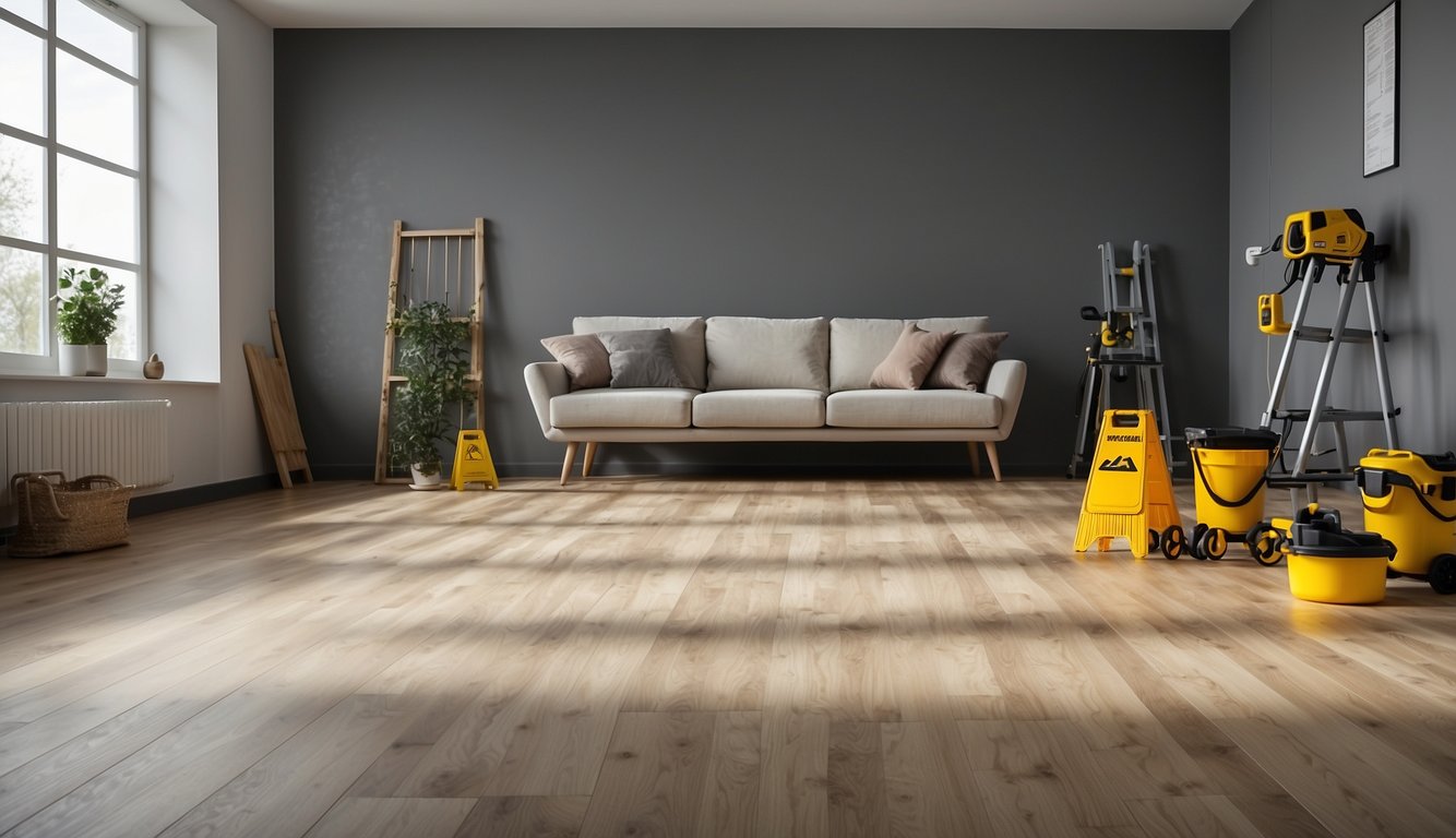 A room with tools and spc flooring materials laid out for installation. Instructions and diagrams displayed on a wall