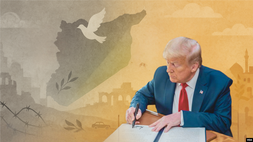 美国总统特朗普2025年6月30日签署解除对叙利亚后阿萨德时代领导人制裁的行政命令示意图。