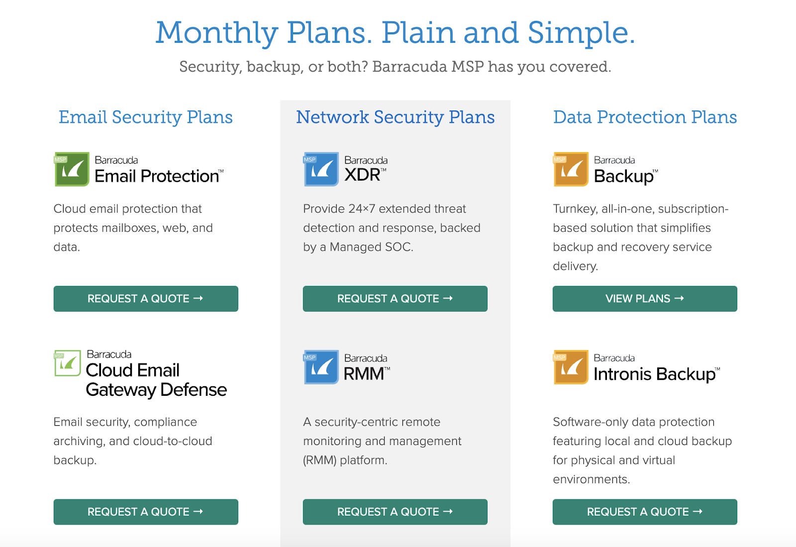 Screenshot of Barracudas price plans.