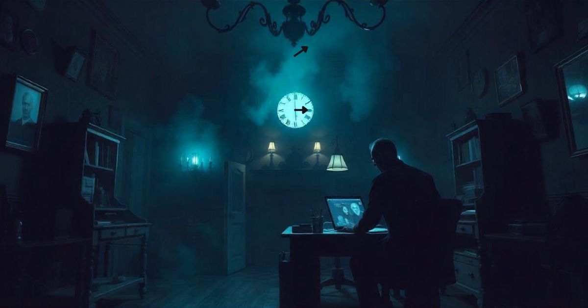 A man sits at a desk in a dark room, contemplating as the clock strikes The Devil’s Hour.