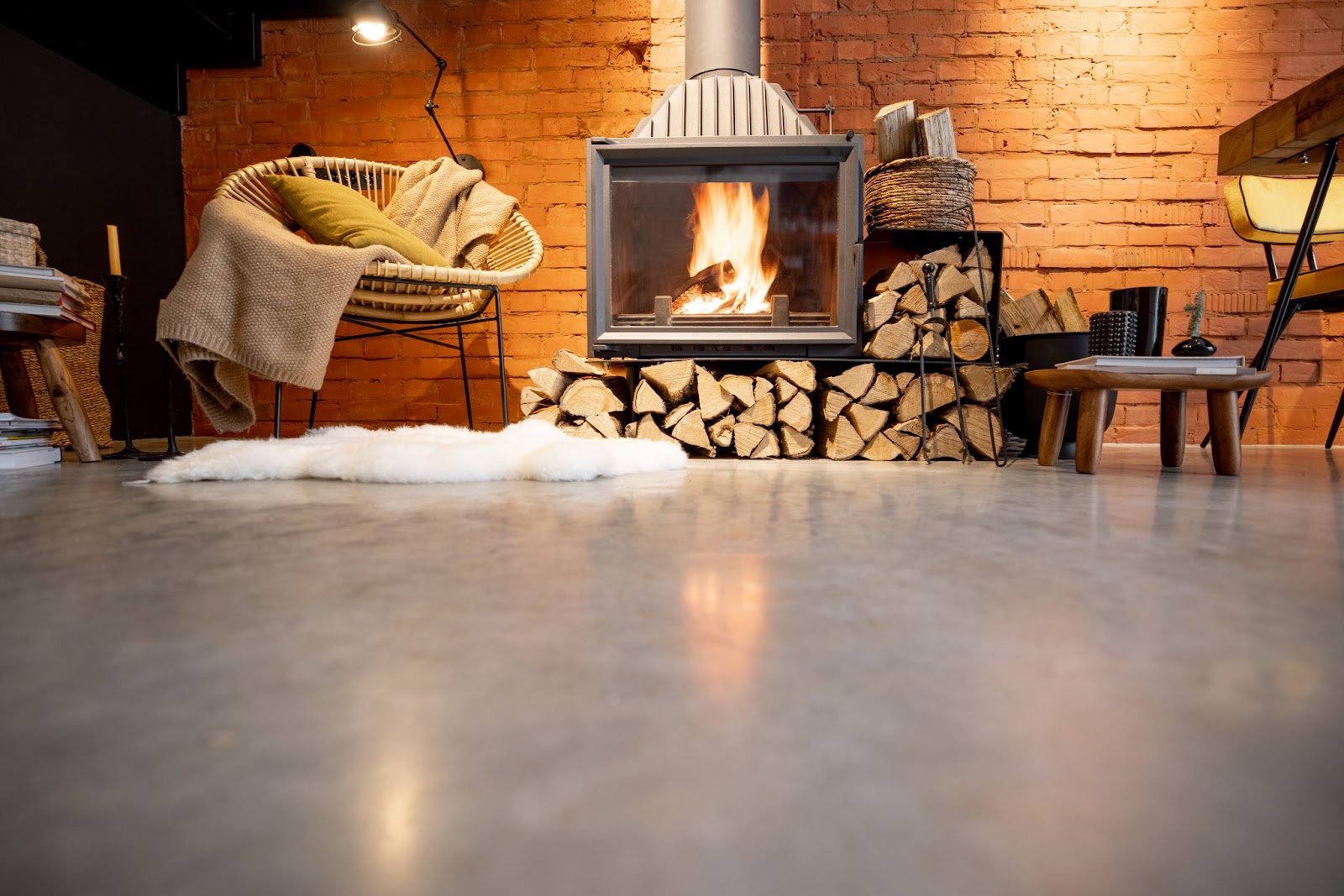 Living room with a fireplace and stained concrete floors.