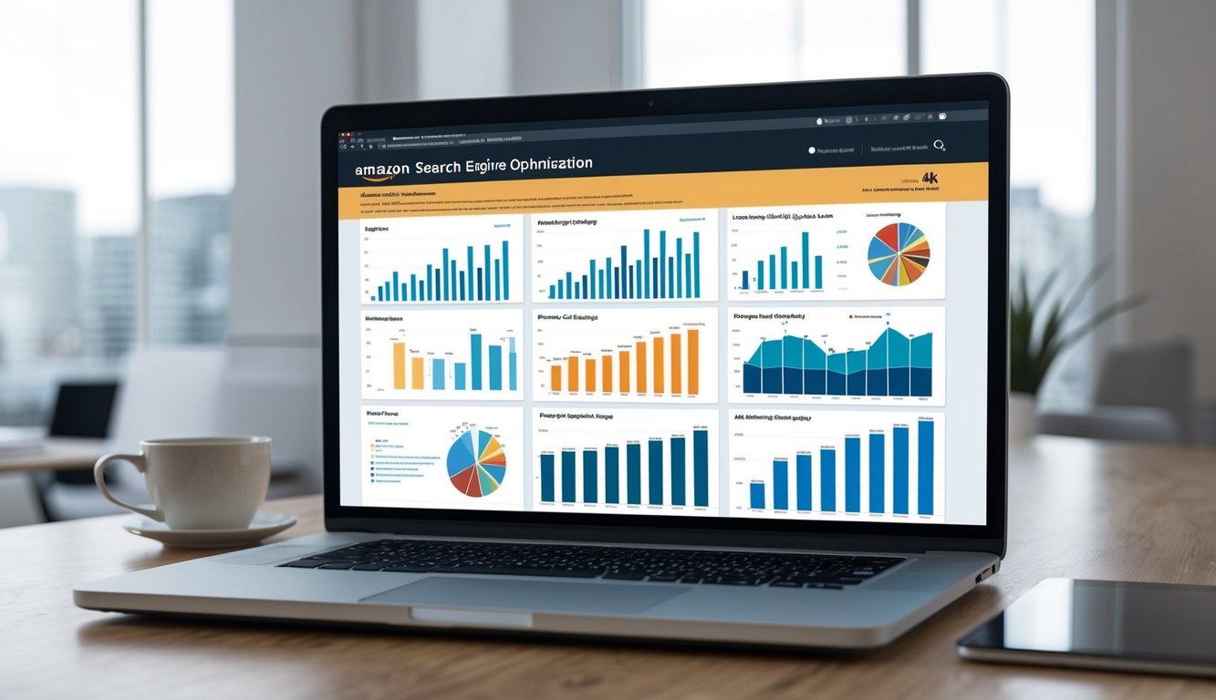 A computer screen displaying Amazon's search engine optimization strategy with various graphs and charts