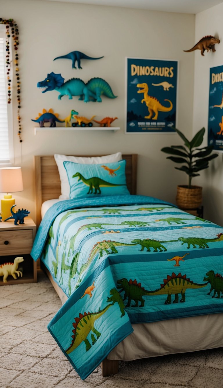 A dinosaur-themed bedspread covers a cozy twin bed in a child's bedroom, surrounded by dinosaur toys and posters