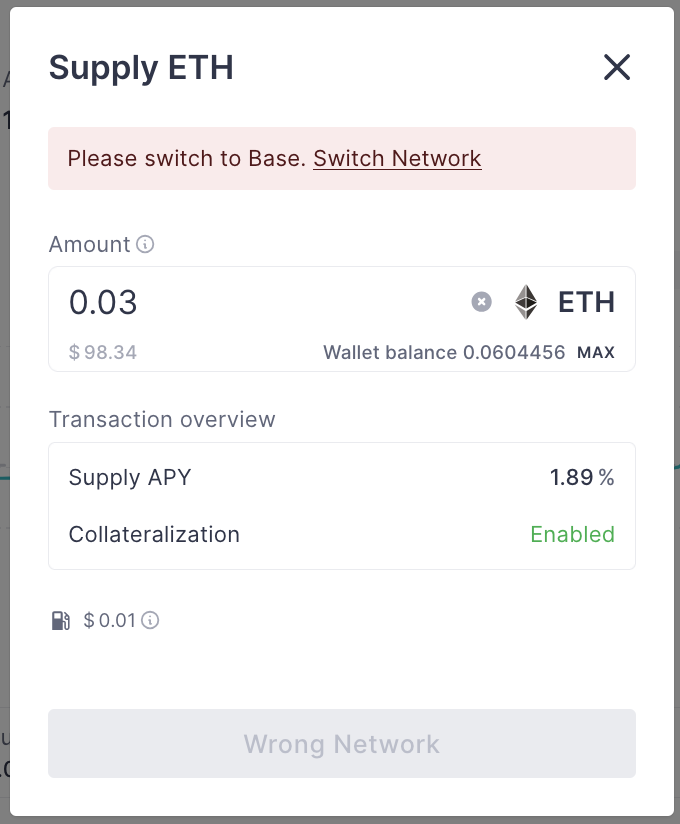 Interface du dépôt d'ETH sur Aave v3