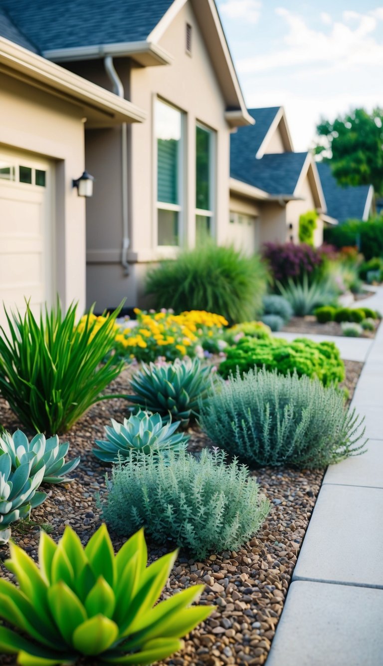 A front yard with various drought-tolerant plants arranged in a visually appealing and sustainable landscape design