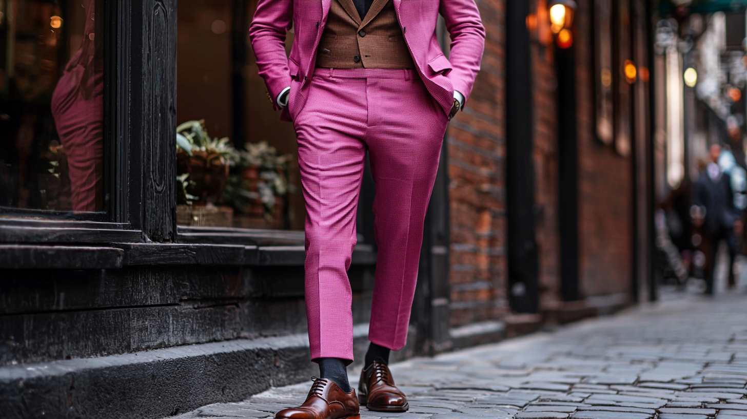 A man wearing a pink suit, complemented by stylish shoes and hats. 1. Shoes: A pair of polished black or brown leather shoes, showcasing a sleek and sophisticated look. For a more relaxed twist, dark suede shoes are worn with the suit, adding texture and depth. 2. Hats: A simple, elegant fedora or panama hat in neutral tones like beige, perched stylishly on the man’s head, complementing the overall outfit. The setting is an upscale outdoor or indoor venue with soft lighting, focusing on the details of the shoes and hats against the vibrant pink suit. Photorealistic style with emphasis on the polished accessories.