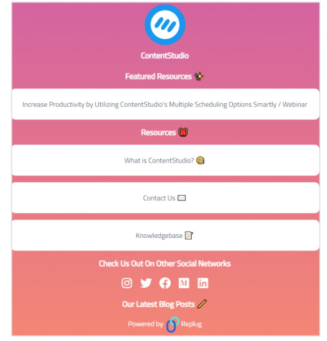 ContentStudio's Bio-landing page