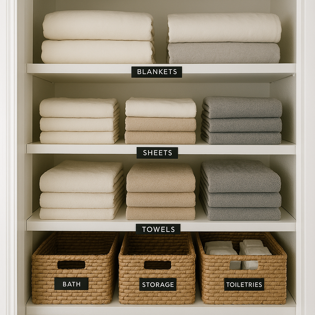 Thumbnail Image A beautifully organized linen closet with labeled shelves and bins. Towels and sheets are neatly stacked, and frequently used items are at eye level.