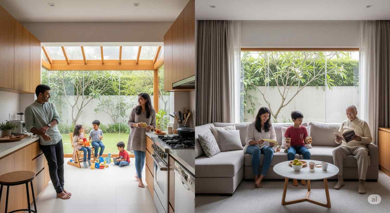 Candid photo of family enjoying their newly designed Bangalore home interior with children playing and parents relaxing