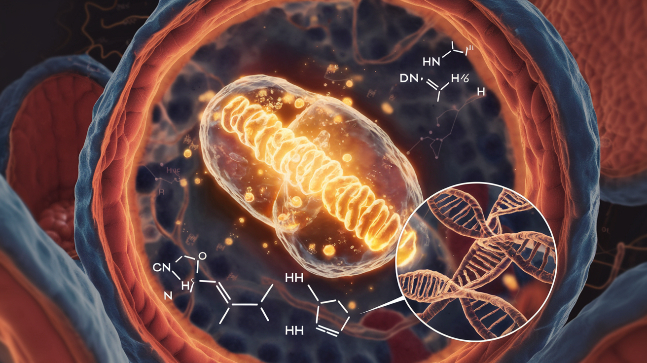 Create a realistic image of a cross-section of a human cell, focusing on the mitochondria glowing with vibrant energy, surrounded by other cellular structures. A magnified view shows the inner workings of the mitochondria with DNA strands and enzyme complexes visible. Overlay subtle chemical formulas and molecular structures to represent the advanced formula. Use warm, energetic colors to convey vitality and power.