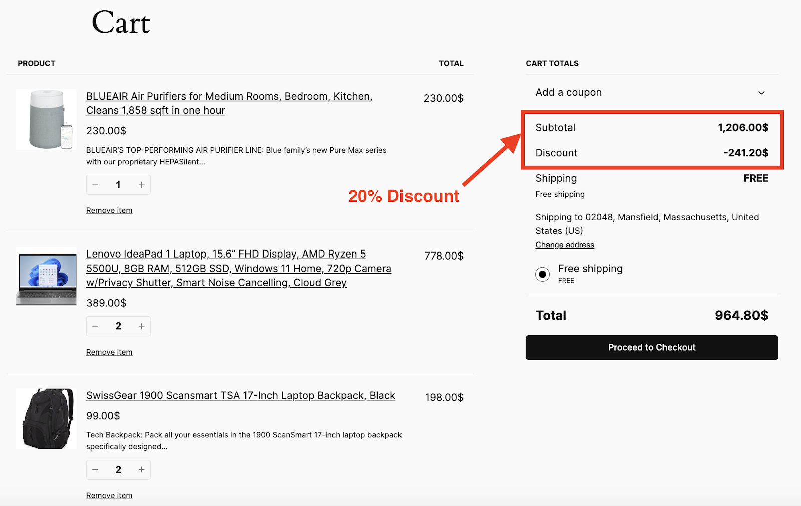 Add 20% WooCommerce discount successfully if the cart total exceeds $1000