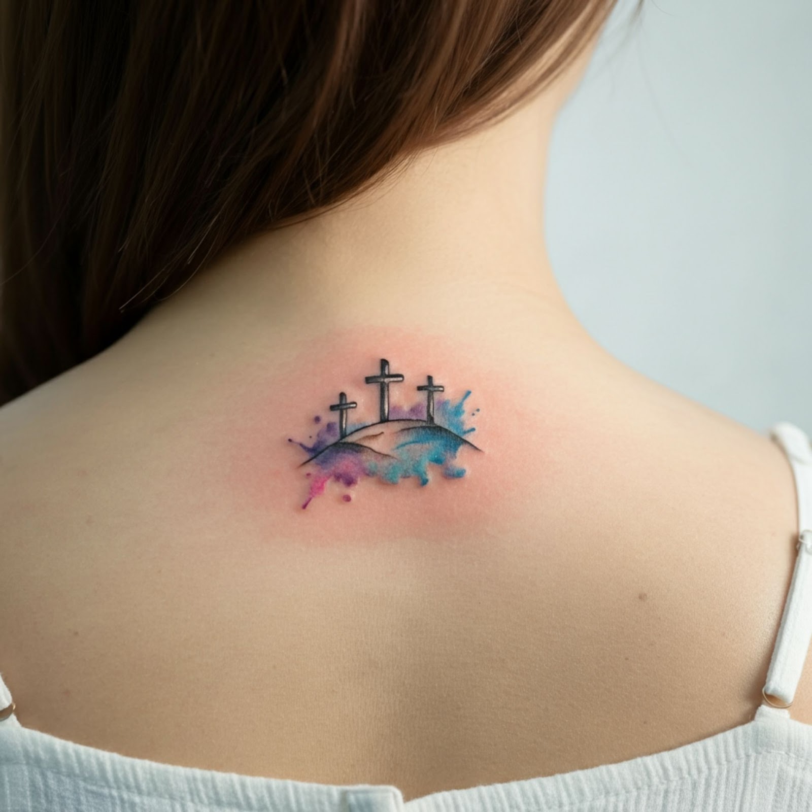 Three Crosses on a Hill with a Watercolor Background Tattoo