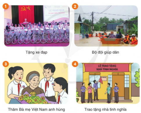 BÀI 6: YÊU THƯƠNG CHIA SẺCHIA SẺCâu 1: Quan sát và cho biết em thấy gì trong mỗi hình ảnh dưới đây:Giải nhanh:- Tranh 1: Buổi lễ trao tặng xe cho các bạn học sinh có hoàn cảnh khó khăn- Tranh 2: Bộ đôi cứu trợ đồng bào gặp thiên tai lũ lụt- Tranh 3: Các bạn học sinh đến thăm bà mẹ Việt Nam anh hùng- Tranh 4: Lễ trao tặng nhà tình nghĩa cho những hộ gia đình nghèoCâu 2: Trao đổia) Các hình ảnh trên nói lên những điều gì tốt đẹp trong cuộc sống?b) Vì sao mọi người trong cộng đồng cần yêu thương, giúp đỡ lẫn nhau?Giải nhanh:  a) Điều tốt đẹp trong cuộc sống chính là mọi người biết quan tâm, sẻ chia, giúp đỡ những người gặp khó khăn, nhớ ơn và luôn dành sự yêu thương với các bà mẹ Việt Nam anh hùng.b) Bởi chúng ta đều mang trong mình dòng máu lạc hồng, cùng là con dân đất Việt.BÀI 1: BẢY SẮC CẦU VỒNGĐỌC HIỂUCâu 1: Tìm các đoạn ứng với mỗi ý saua) Cơn mưa bất ngờb) Các màu tranh cãic) Cùng nắm tay nhauGiải nhanh:a) Cơn mưa bất ngờ:  Một họa sĩ đang say sưa vẽ bức tranh phong cảnh..... đang vẽ dở