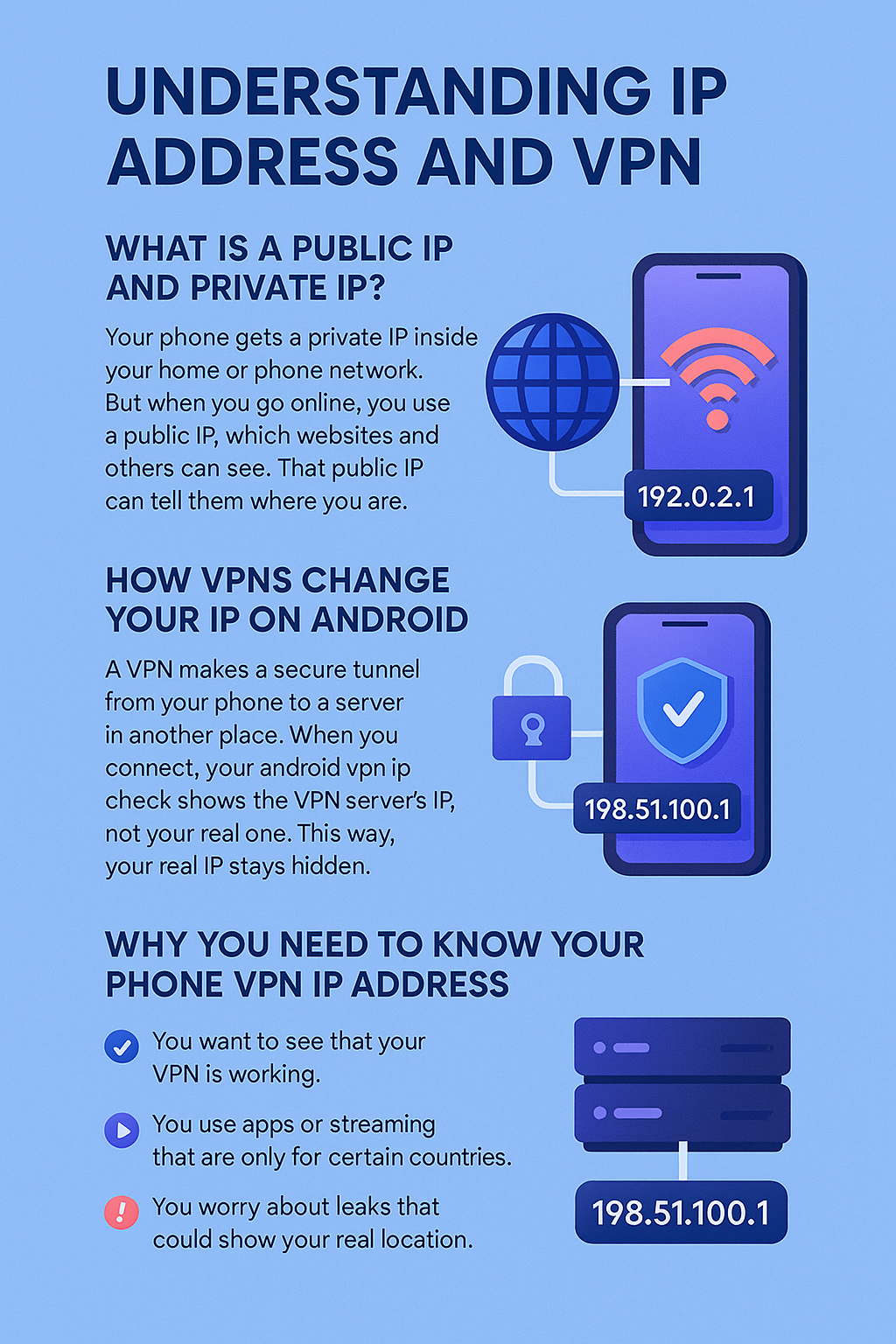 What Is a Public IP and Private IP?
Your phone gets a private IP inside your home or phone network. But when you go online, you use a public IP, which websites and others can see. That public IP can tell them where you are.
How VPNs Change Your IP on Android?
A VPN makes a secure tunnel from your phone to a server in another place. When you connect, your android vpn ip check shows the VPN server’s IP, not your real one. This way, your real IP stays hidden.
Why You Need to Know Your Phone VPN IP Address
You might ask how to check vpn ip on a phone because:
You want to see that your VPN is working.


You use apps or streaming that are only for certain countries.


You worry about leaks that could show your real location.
