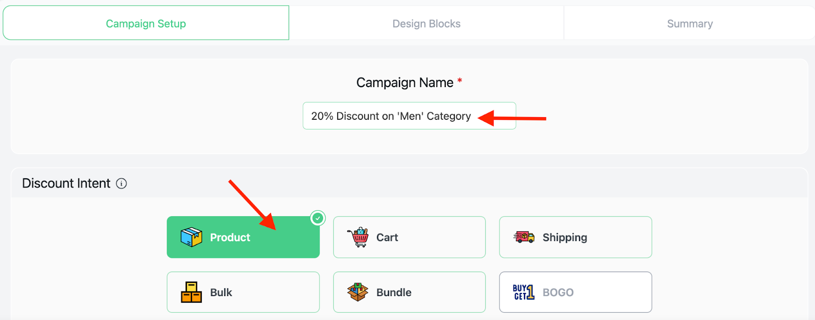 Give Discount Campaign name & Choose Intention to add 20% WooCommerce discount based on Category