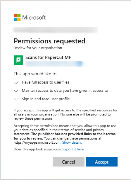 Microsoft ‘Permissions requested’ dialog for Scans for PaperCut MF, listing requested permissions and showing the ‘Accept’ button.