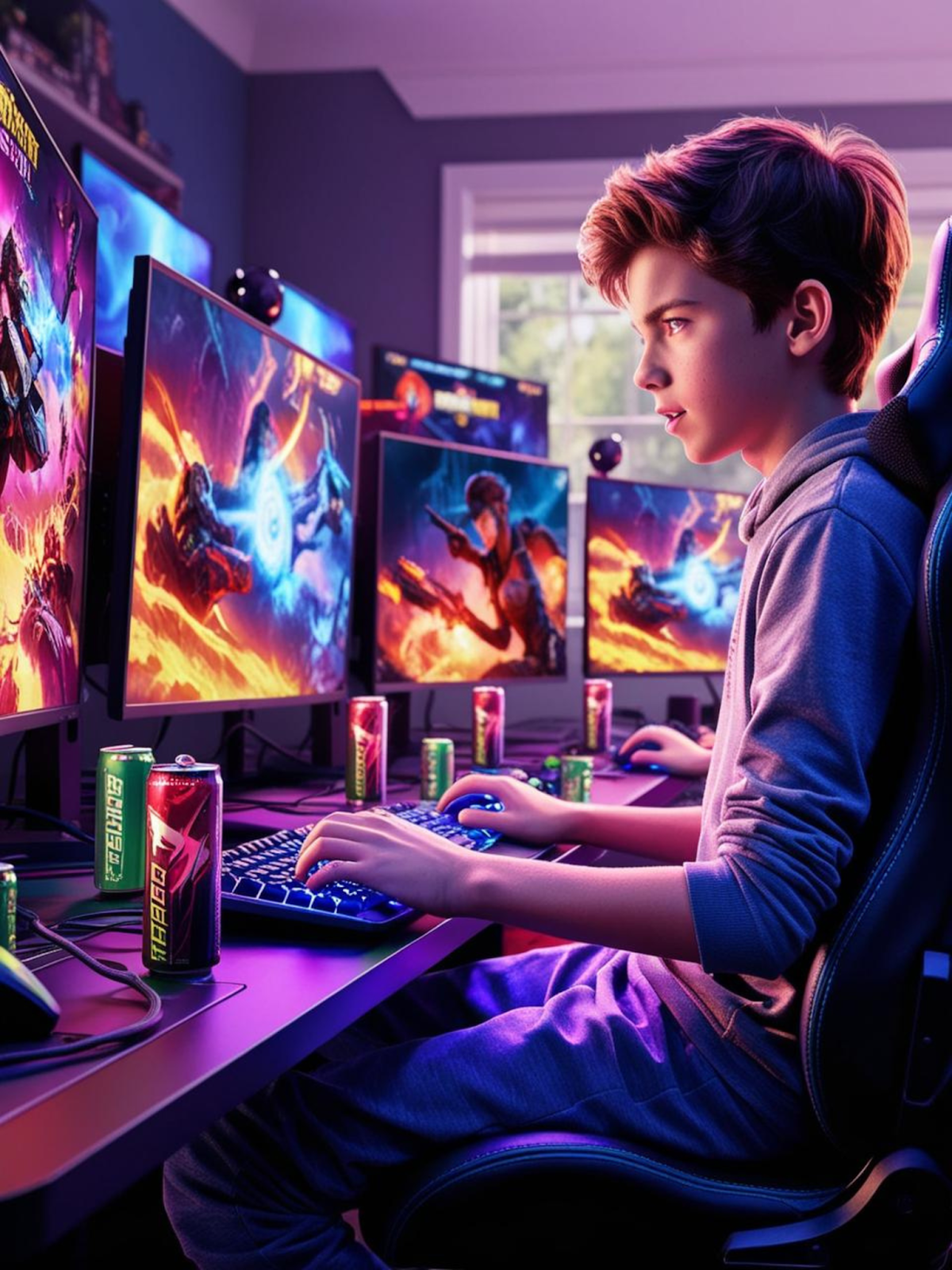 Teen engrossed in online gaming, highlighting potential mental health impacts like addiction and anxiety.