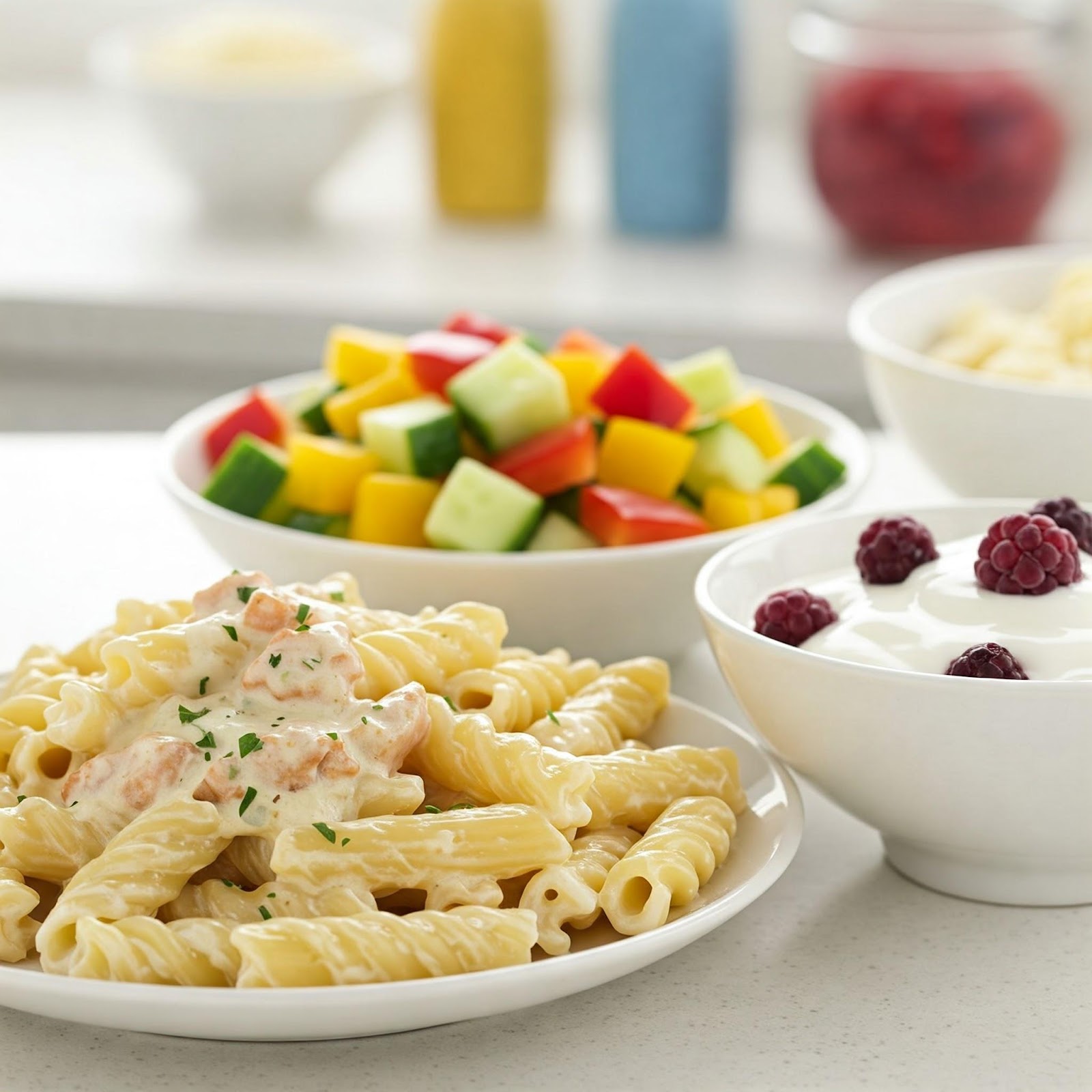 Food in bowls with pasta, parfaits, and vegetables.