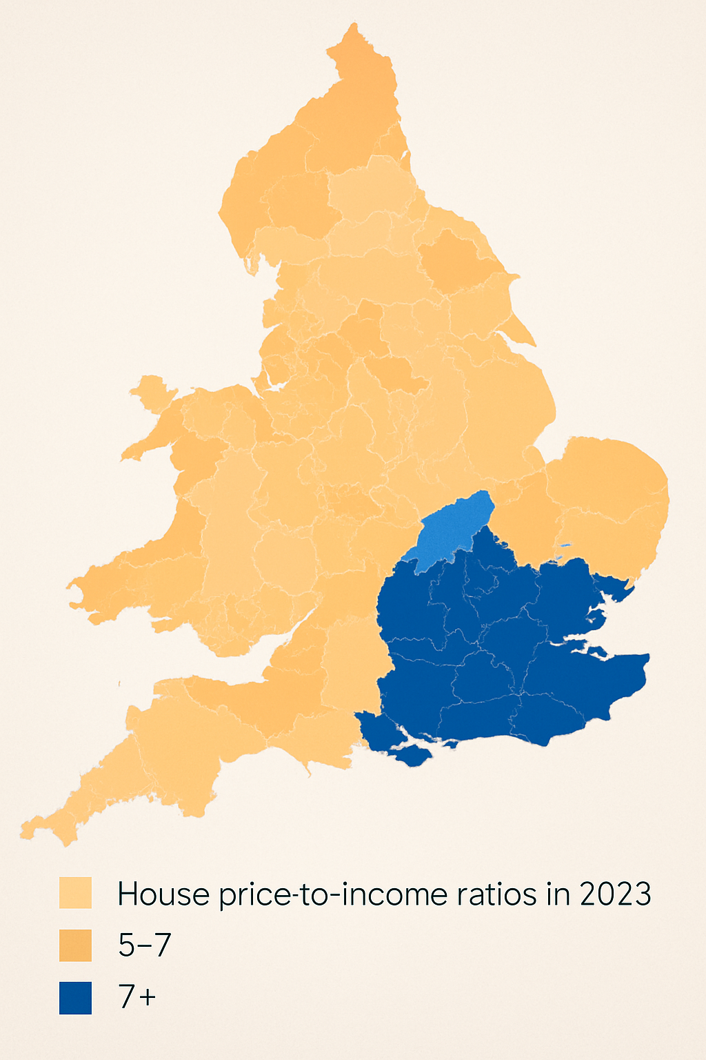 House price-to-income ratios across England in 2023, showing affordability gaps