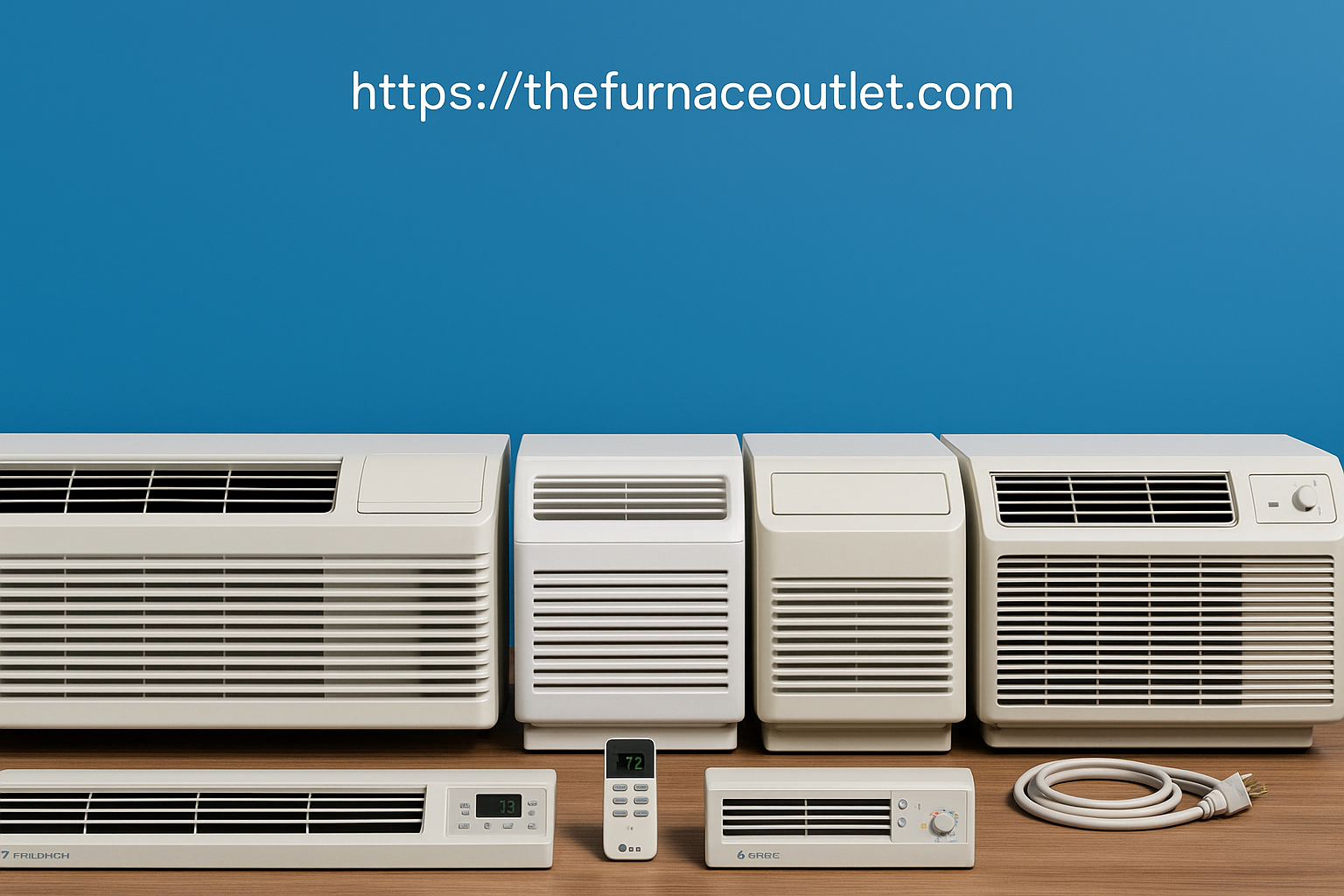 A digital photograph showcases five PTAC (Packaged Terminal Air Conditioner) units from different brands, arranged side by side on a wooden surface, with controls, cords, and remotes displayed in front. The image features a clean blue background and "https://thefurnaceoutlet.com/" at the top