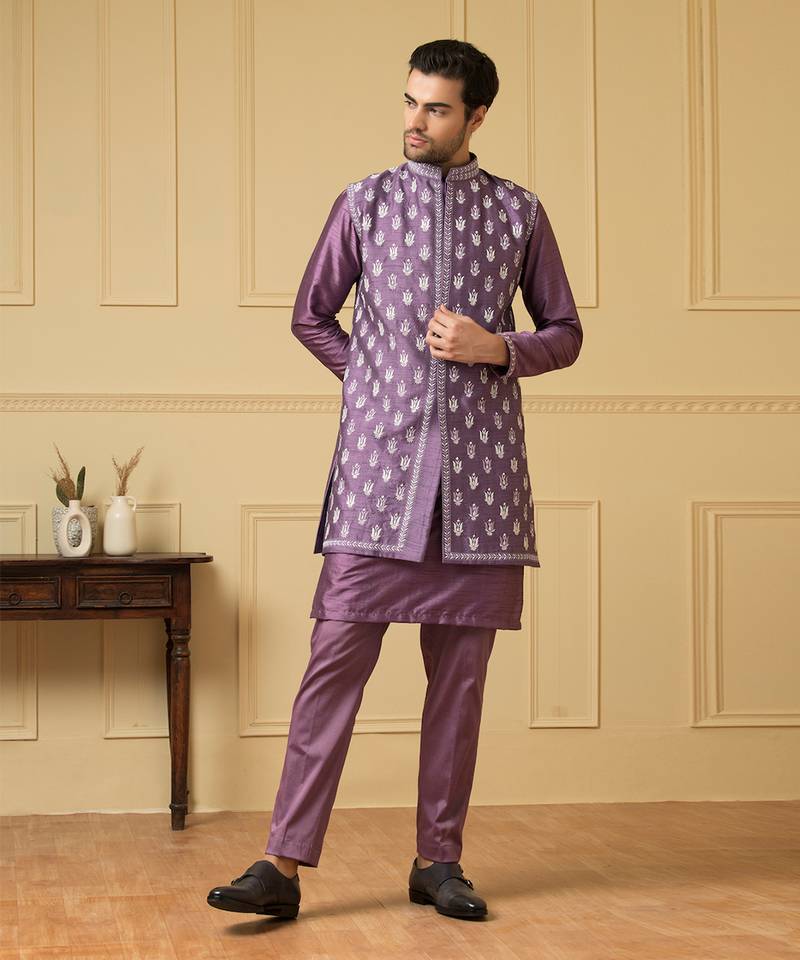 purple embroidered nehru jacket set