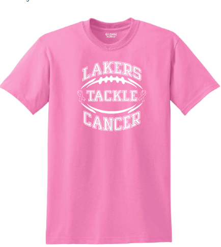 image of a pink t-shirt with text of Lakers tackle cancer