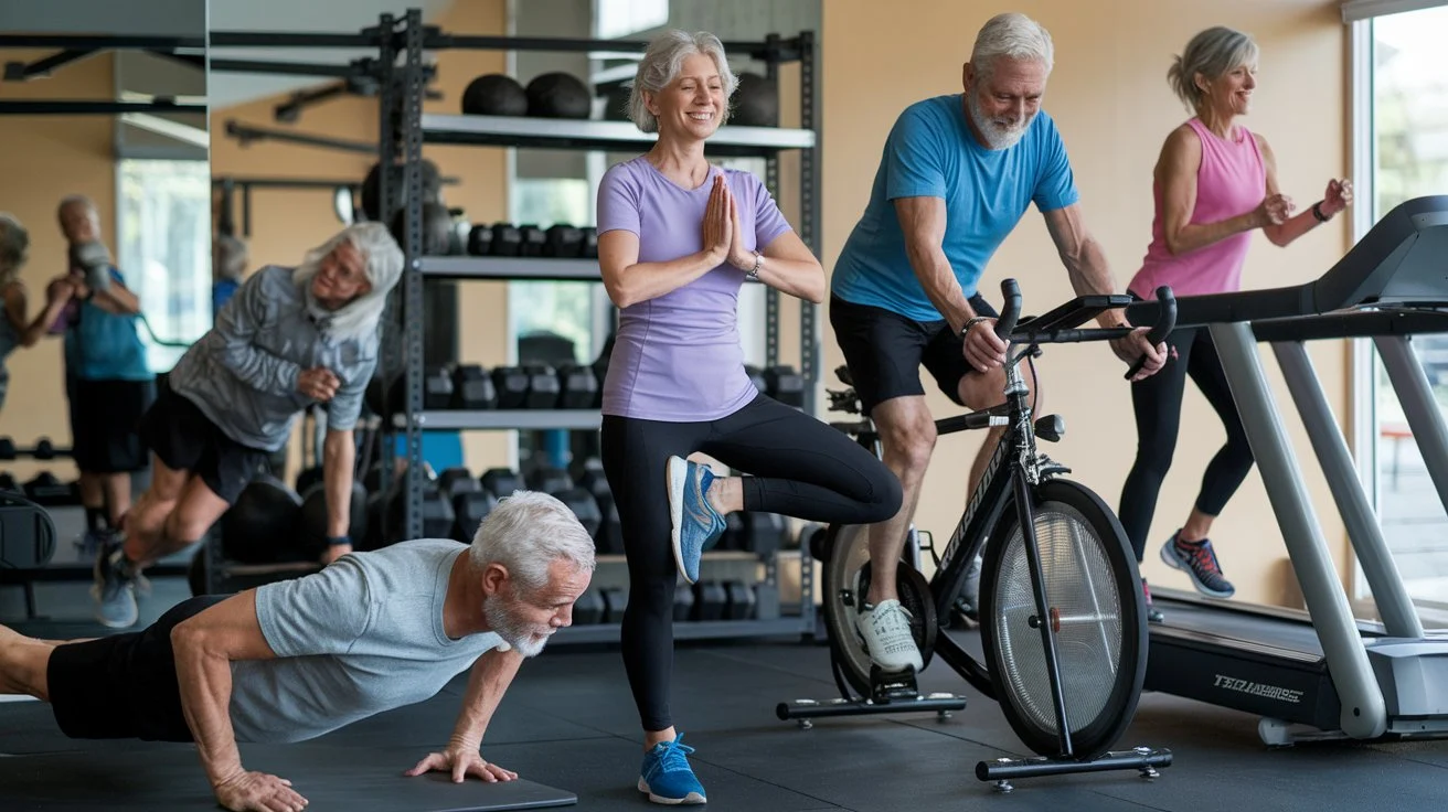 A diverse group of older adults engaging in different fitness activities.