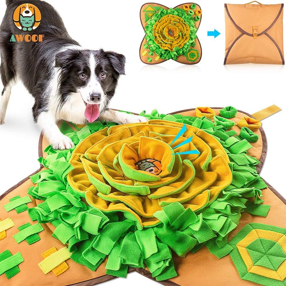 Dog using AWOOF snuffle mat with treat pouch shown.