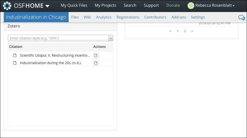 OSF project showing Zotero add-on